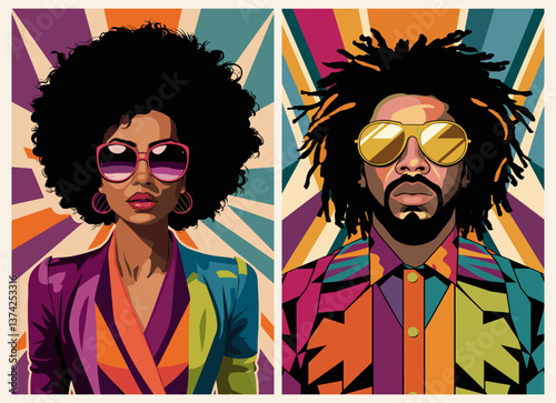 Pop art style posters of black african american man and woman. Colorful vector illustrations