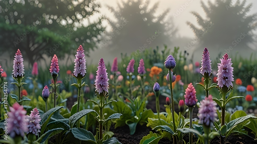 Obraz premium A foggy morning garden where flower buds are just beginning to wake up