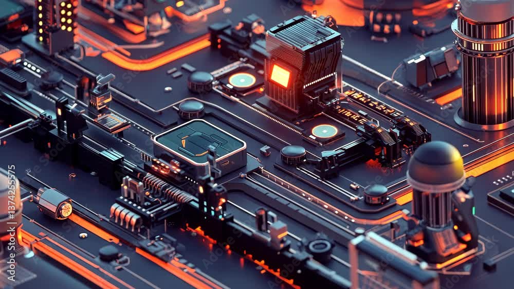 A high-tech assembly line producing electronic gadgets in a factory. digital