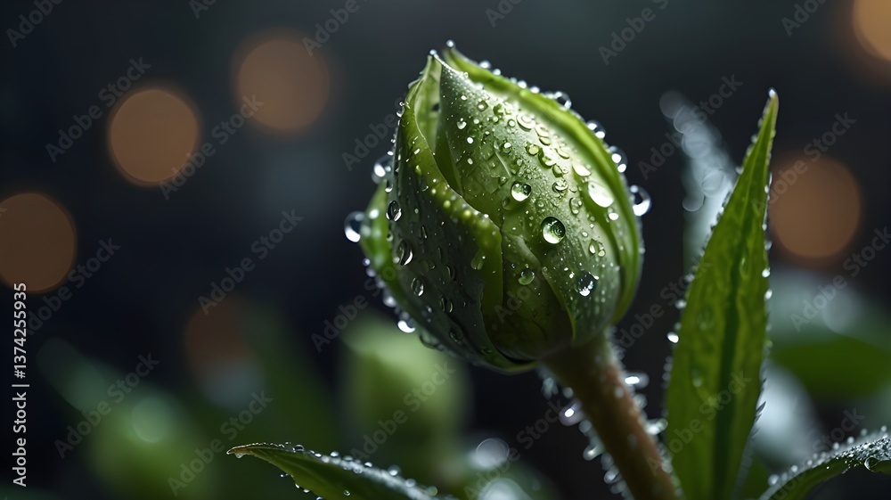 Fototapeta premium A rain-kissed flower bud, with soft bokeh light creating a moody atmosphere