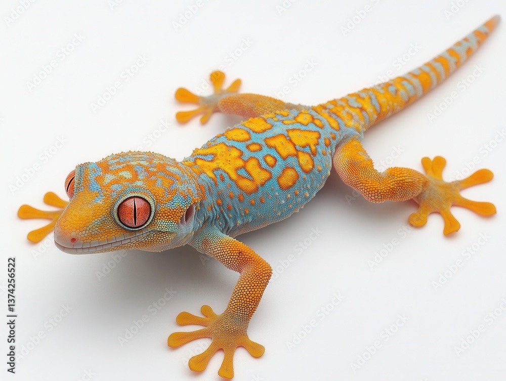 Naklejka premium Captivating gecko portrait showcasing vibrant orange and blue scales against a clean white background, detailed texture, reptile beauty, studio shot, eye level view