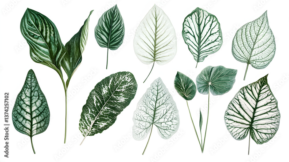 Obraz premium A collection of green leaves with some white spots