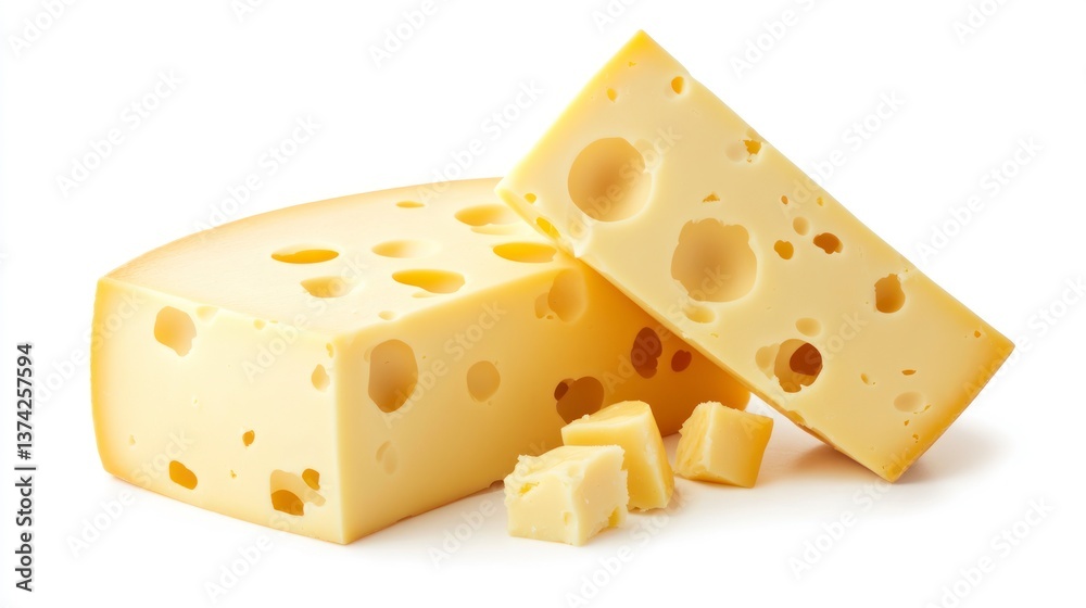 Cheese Pieces with Holes Close-up on White Background Still Life Cheese Pieces with Holes Close-up on White Background Still Life