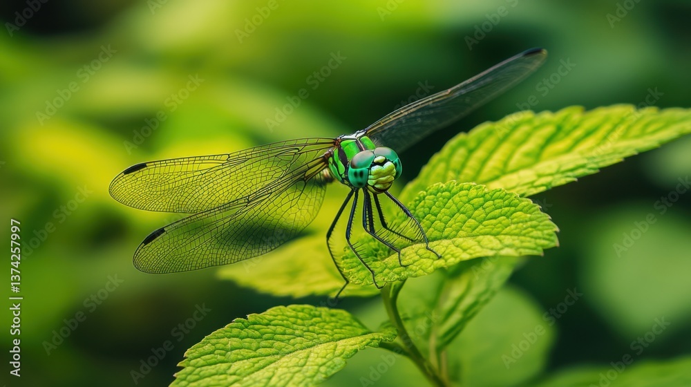 Green dragonfly on leaves. Generative AI Green dragonfly on leaves. Generative AI