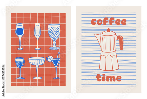 Set of hand drawn vintage posters in dolce vita style. Whimsical drawings of wine glasses, cocktails and coffee pot. Breakfast, lunch, dinner concept. Contemporary art vector illustrations