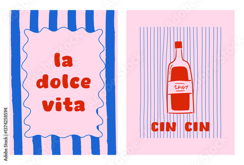 Set of hand drawn vintage posters in dolce vita style. Whimsical drawing of wine bottle and text on striped background. Kitchen decor, dinner concept. Contemporary art vector illustrations