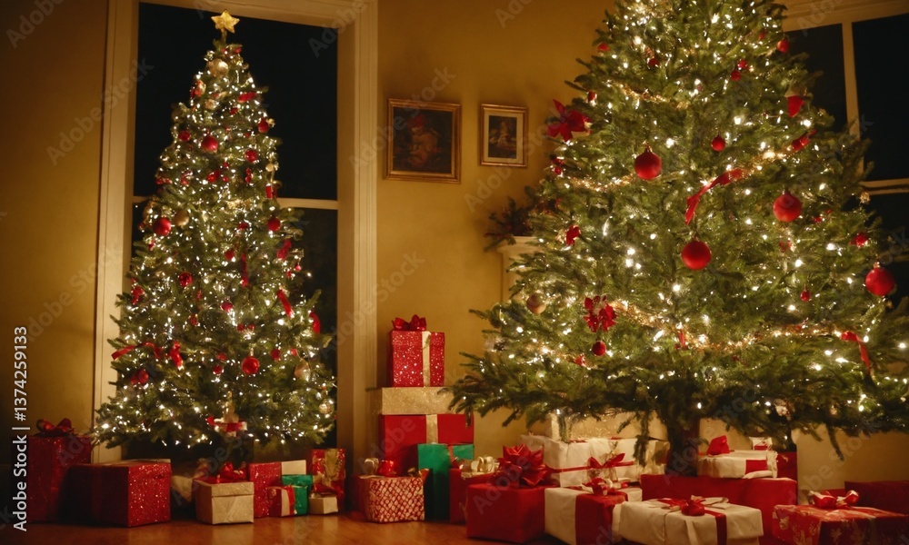 glowing Christmas tree with gifts. Generative AI. glowing Christmas tree with gifts. Generative AI.