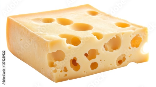 Isolated Piece of Emmental Cheese with Holes on a White Background
