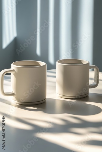Minimalist Still Life Two Beige Ceramic Mugs on Tabletop with Sunlight and Shadow Play Creates Calm and Serene Atmosphere