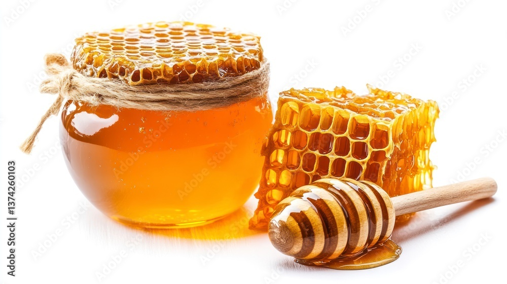 Honey Jar with Honeycomb and Dipper on White Background Still Life Honey Jar with Honeycomb and Dipper on White Background Still Life
