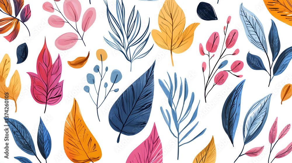 Obraz premium A colorful drawing of leaves and flowers with a blue leaf in the middle