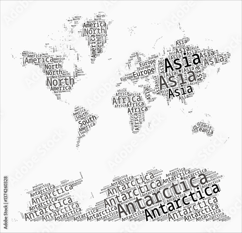 World Text Style Continents. World region names word clouds in English language. Trending vector illustration.
