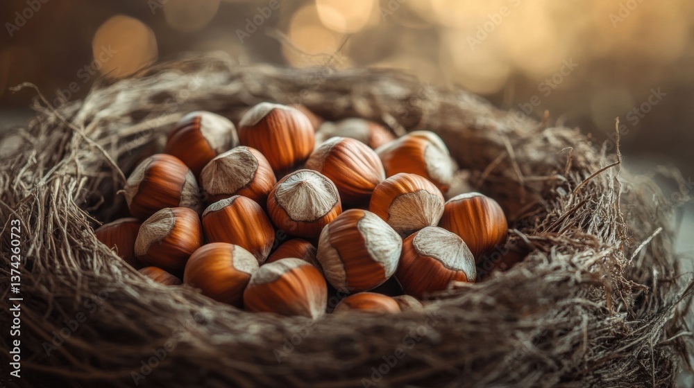 Hazelnuts in wooden nest. Generative AI Hazelnuts in wooden nest. Generative AI