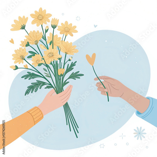 A heartfelt moment of kindness captured in a minimalist scene for bring flowers to someone day