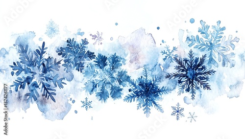 Watercolor painting of snowflakes in shades of blue, evoking a serene winter scene. Perfect for holiday cards or winter-themed projects.