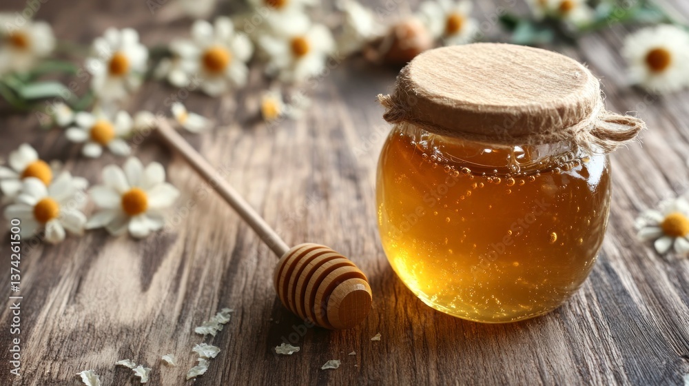 Golden Honey in Glass Jar with Dipper and Chamomile Flowers