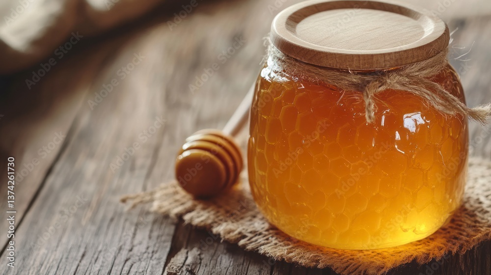 Golden Honey Jar with Dipper on Rustic Wooden Table Backdrop Golden Honey Jar with Dipper on Rustic Wooden Table Backdrop