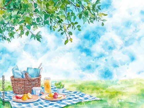 A serene picnic scene under a tree with a basket and refreshments on a blanket.