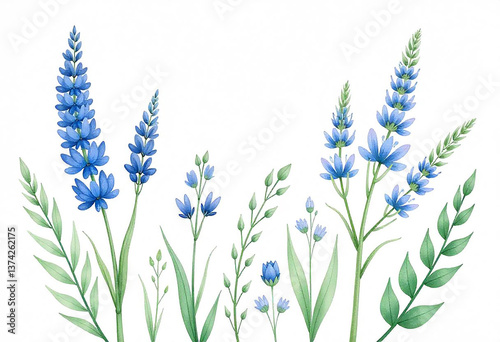 Watercolor blue hand-painted flax flowers isolated on white flower. Floral clipart for wedding invitations, vintage decor, greeting card