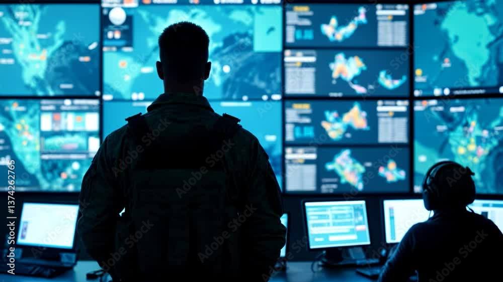Personnel analyze data in a high-tech operations center, focusing on various screens displaying live information and analytics Personnel analyze data in a high-tech operations center, focusing on various screens displaying live information and analytics