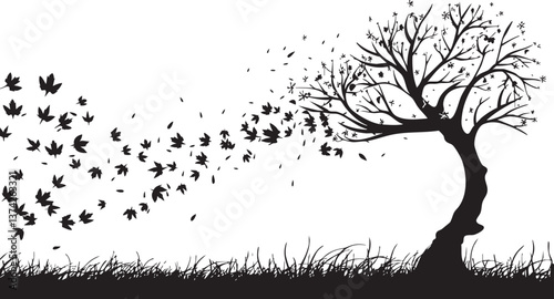 Silhouette of a tree with blowing leaves for nature-themed designs.