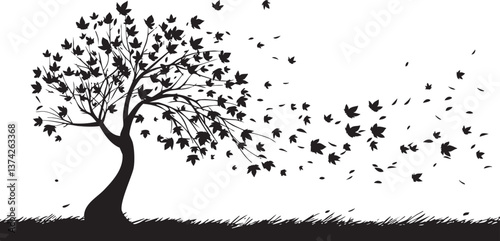 Tree silhouette with blowing leaves, perfect for autumn-themed designs.