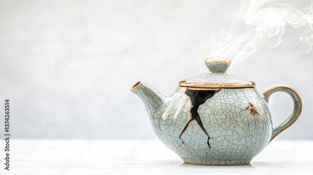 Steaming teapot with a crack minimalist setting still life calm atmosphere close-up emphasizing imperfection