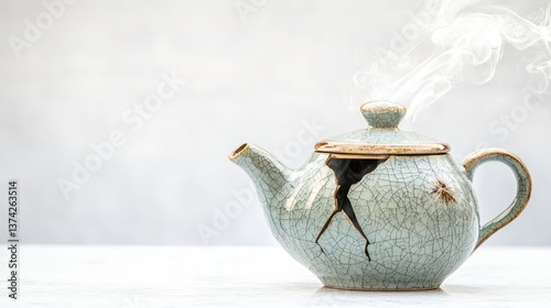 Obraz na płótnie Steaming teapot with a crack minimalist setting still life calm atmosphere close-up emphasizing imperfection w salonie