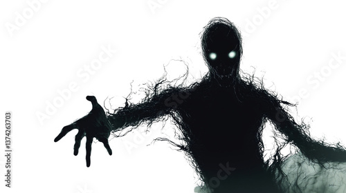 A horror apparition with a distorted appearance and various defects, a shadow of horror that is otherworldly, hovering in search of its next victim.