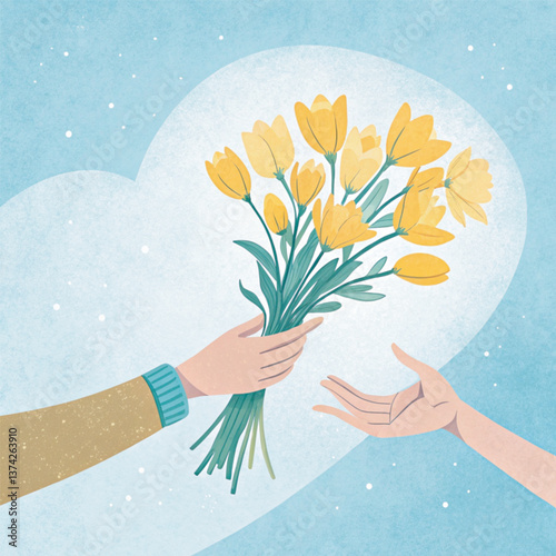 A heartfelt moment of kindness captured in a minimalist scene for bring flowers to someone day