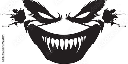 Sinister vector illustration of an evil grin with sharp teeth and intense eyes.