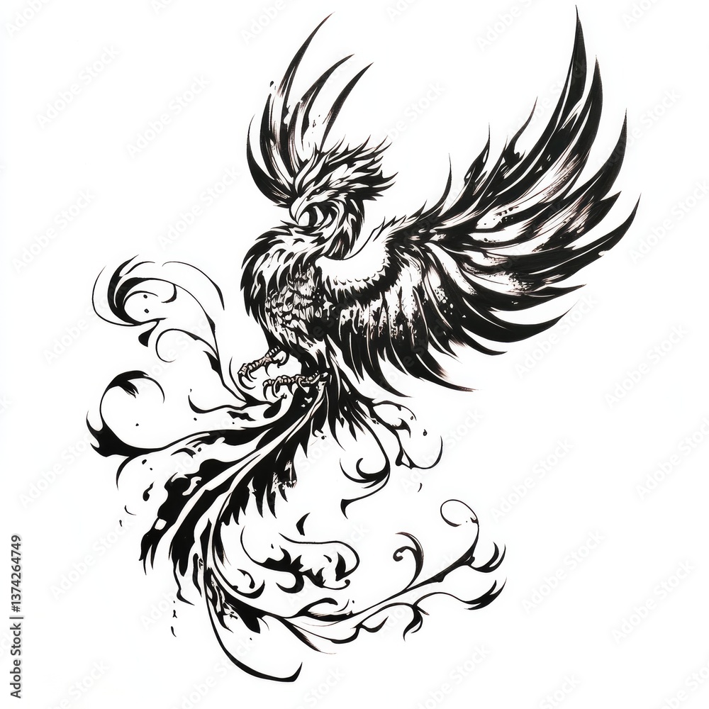 Obraz premium bird, phoenix, tattoo style, eagle, vector, tattoo, illustration, wings, wing, animal, feather, angel, design, silhouette, art, black, flying, symbol, drawing, nature, head, wild, fly, wildlife, triba