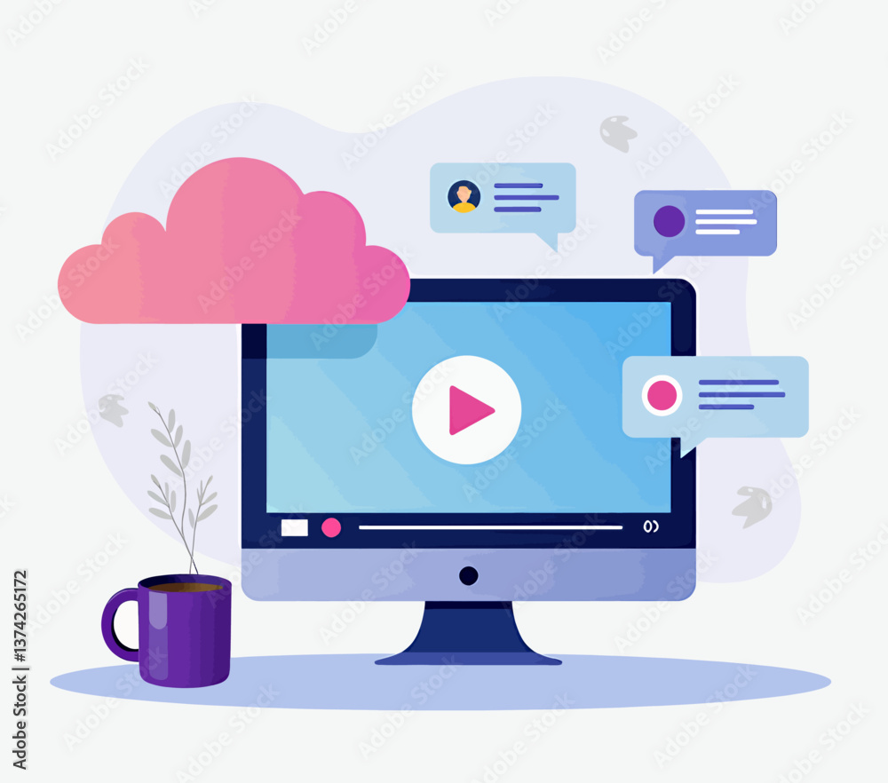 Video call on computer with cloud and coffee cup Video call on computer with cloud and coffee cup