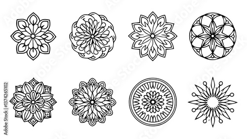 set of 8 intrincate black mandalas, isolated on white, vector file