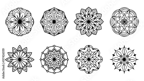 set of 8 intrincate black mandalas, isolated on white, vector file