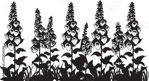 Surreal floral illustration with faces on flowers in black and white, ideal for unique designs.