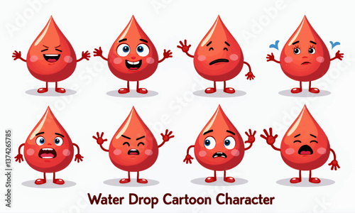 Red water drop cartoon character with various expressions