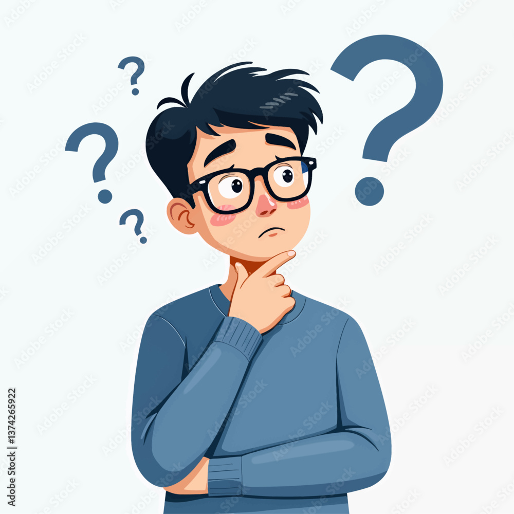 Pensive young man with glasses surrounded by question marks Pensive young man with glasses surrounded by question marks
