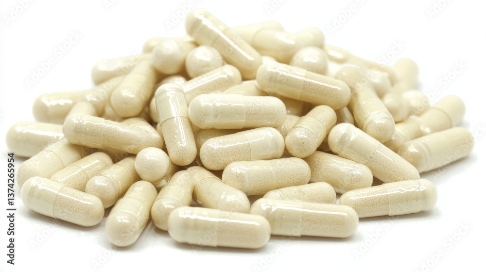 Closeup of uniform beige capsules arranged in grid on white surface with sharp focus showing minimalist pharmaceutical clarity supplement alignment and medical healthcare detail shot Closeup of uniform beige capsules arranged in grid on white surface with sharp focus showing minimalist pharmaceutical clarity supplement alignment and medical healthcare detail shot