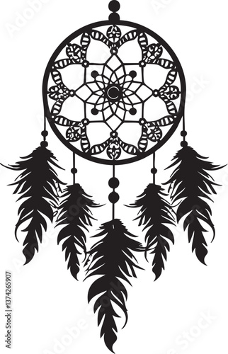Elegant dreamcatcher silhouette with intricate design and feathers for bohemian decor.