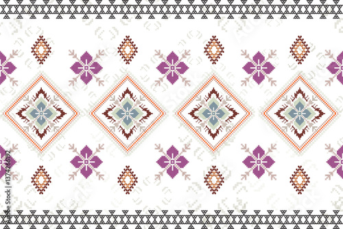 pixel art Geomrtric on white background wallpaper oriental seamless pattern.ornament. Ethnic .decor style.  geometric ornament. Vector seamless pattern.  blanket, rug. Woven carpet fabric