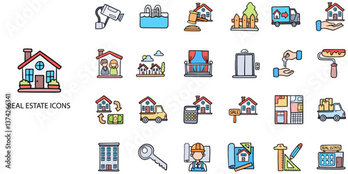 Real Estate simple concept 24 Hand drawn icons set. Contains such building, house, apartement, sale, rent, mortagage. Vector illustration.