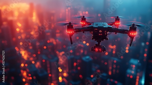 AI-powered surveillance drones monitoring a futuristic cityscape