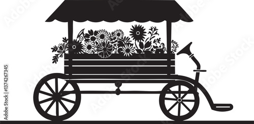 Silhouette of a vintage flower cart bicycle for decorative and market themes.