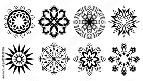 set of 8 intrincate black mandalas, isolated on white, vector file