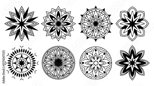 set of 8 intrincate black mandalas, isolated on white, vector file
