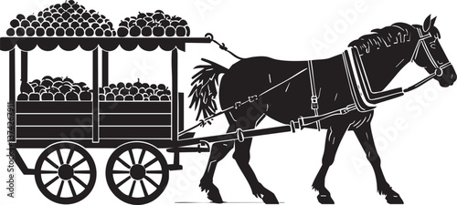 Silhouette vector of horse pulling a fruit-filled wagon for vintage agricultural themes.