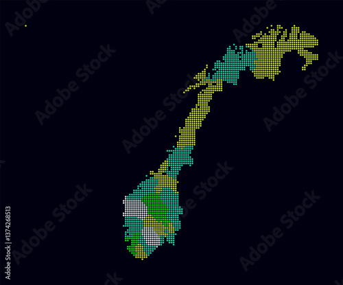 Norway dotted map. Digital style map of the country on a dark background. Norway shape with circle dots. Colored dots style. Small size circles. Trending vector illustration.