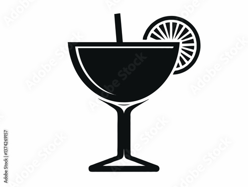 Cocktail glass with lemon slice in black silhouette style