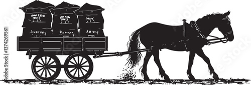 Vintage horse-drawn cart silhouette with cargo bags for rural and historic themes.